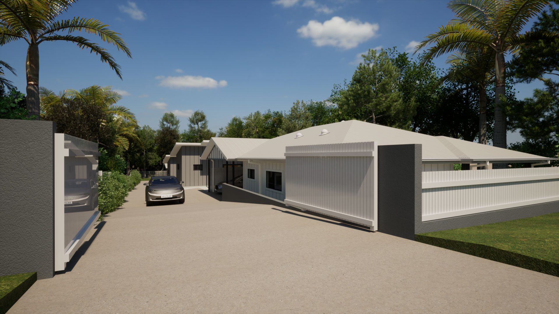 230222-Timor-Render-Image1 Modern house with gated driveway and vehicle