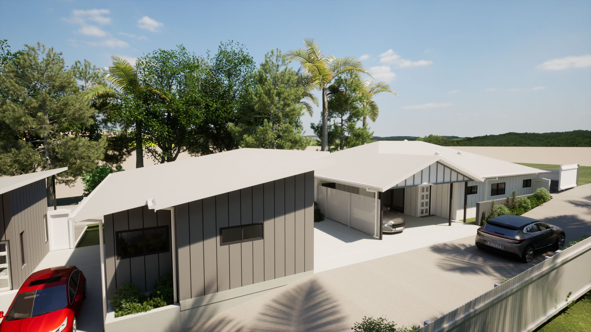 230222-Timor-Render-Image2 Modern residential house design with surrounding trees.