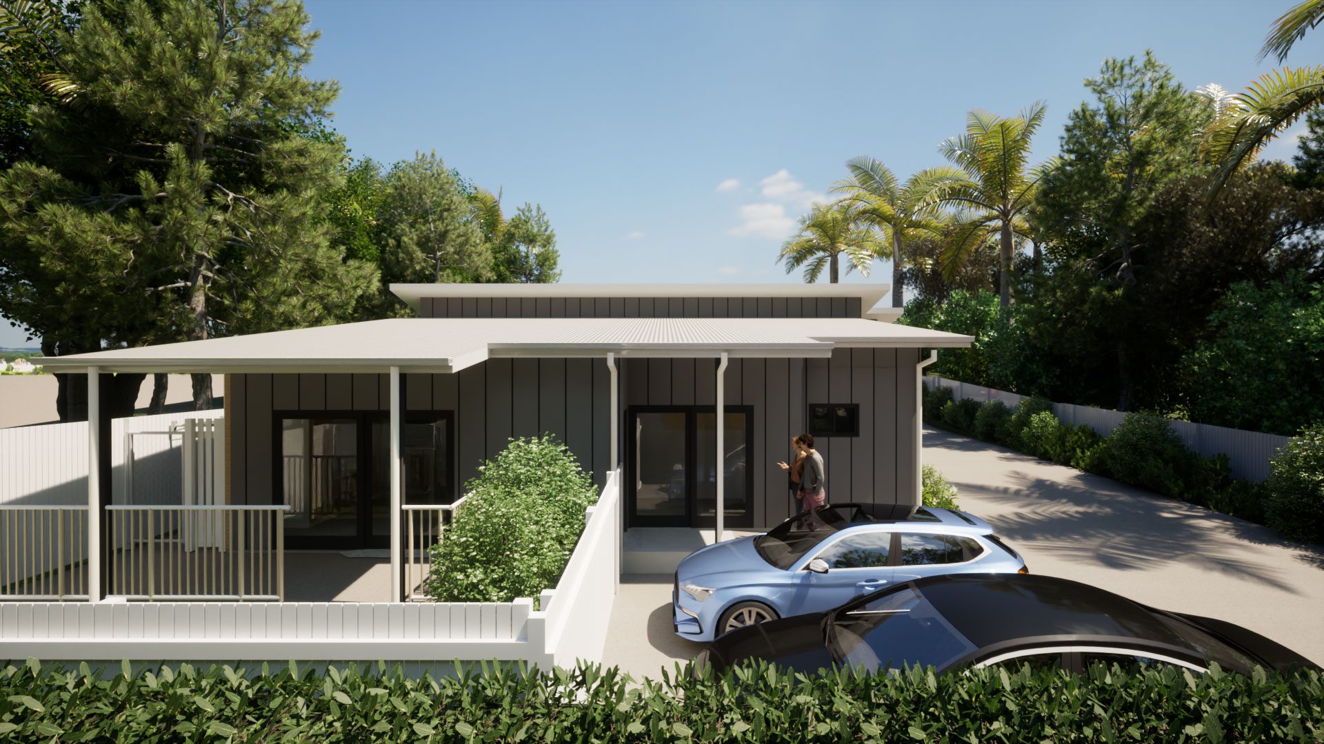 230222-Timor-Render-Image5 Modern house exterior with parked cars and trees