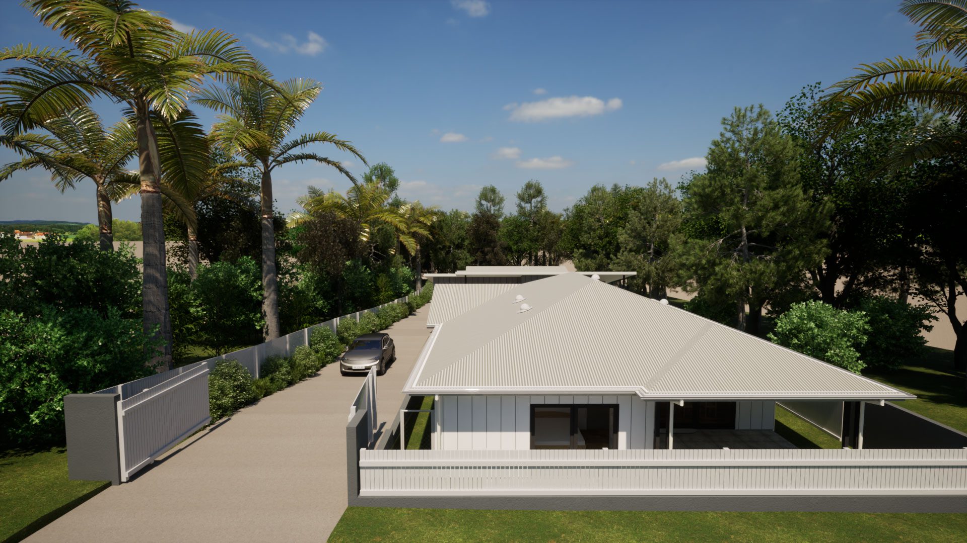 230222-Timor-Render-Image8 Modern house with driveway and palm trees