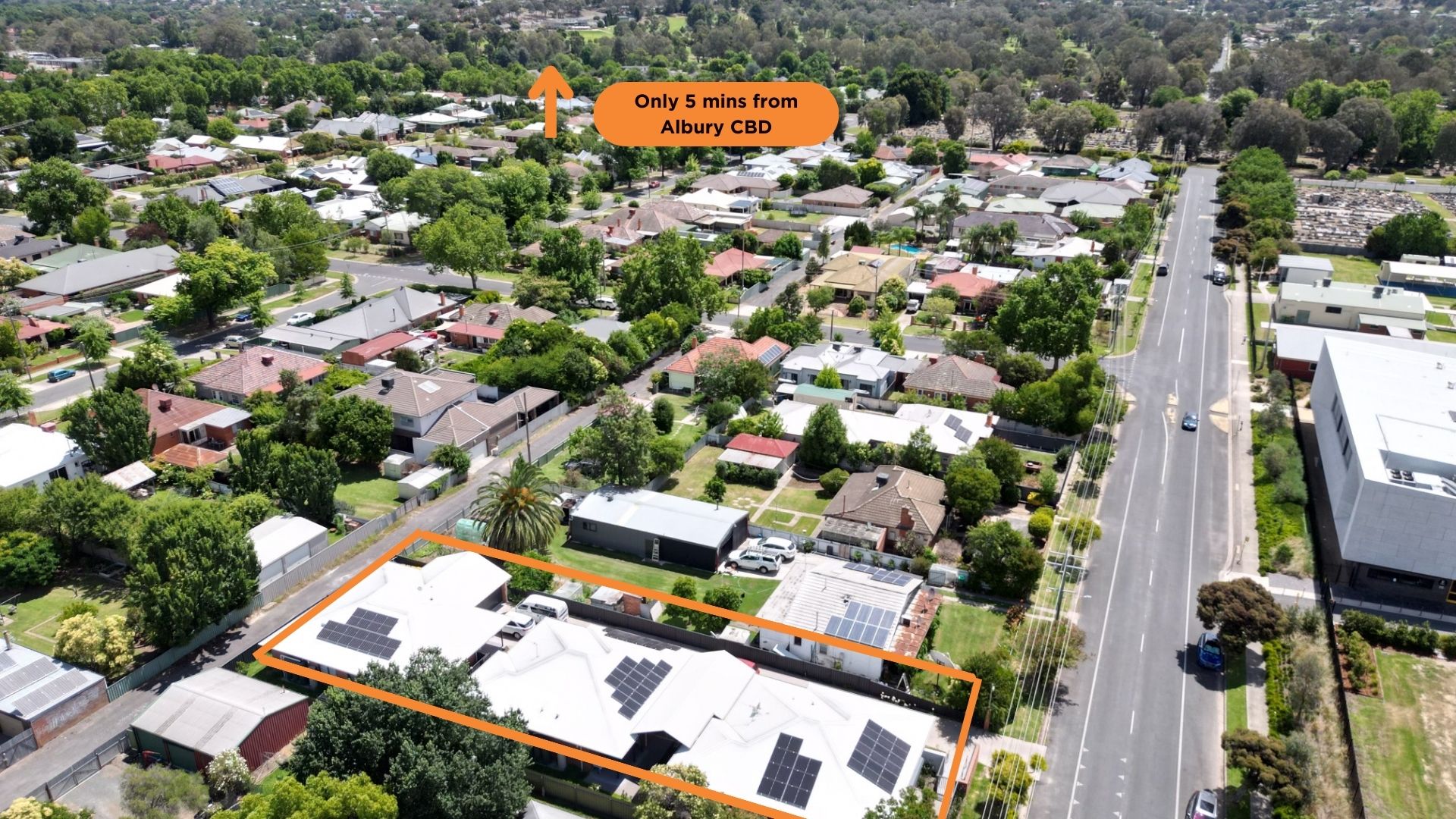 Aerial view of suburban neighborhood near CBD.
