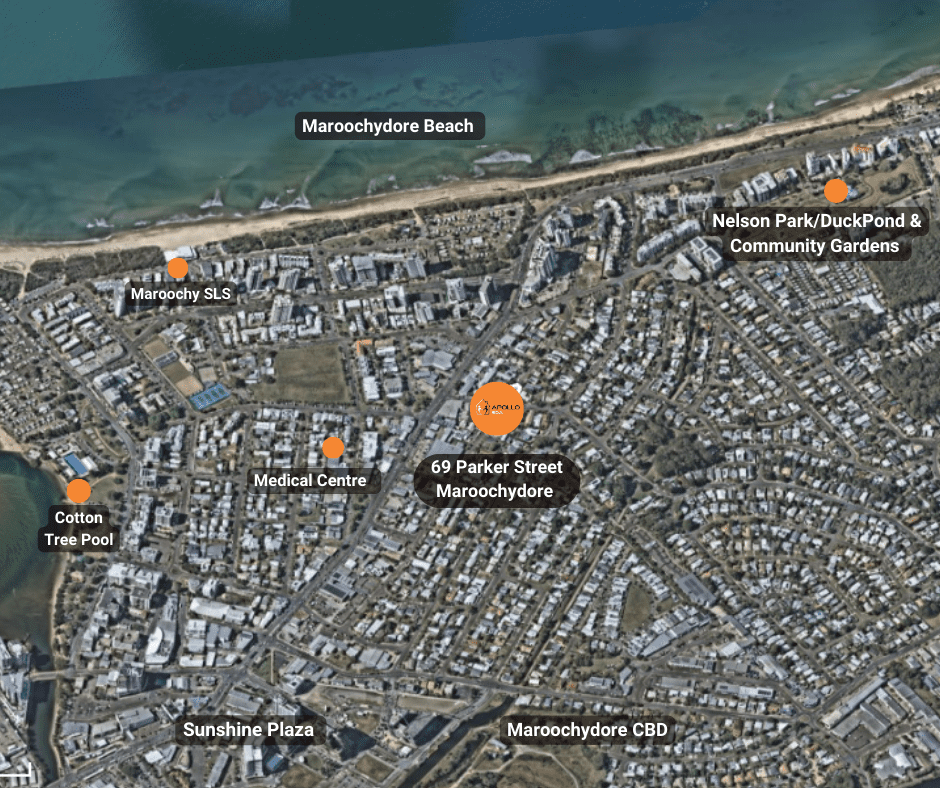 Aerial view of Maroochydore showing key landmarks.