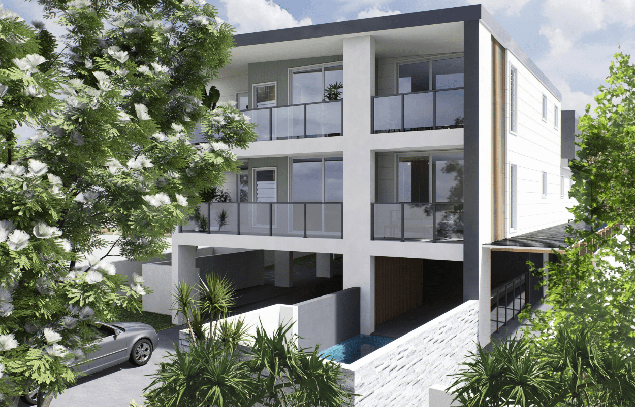 Modern three-story residential building with greenery