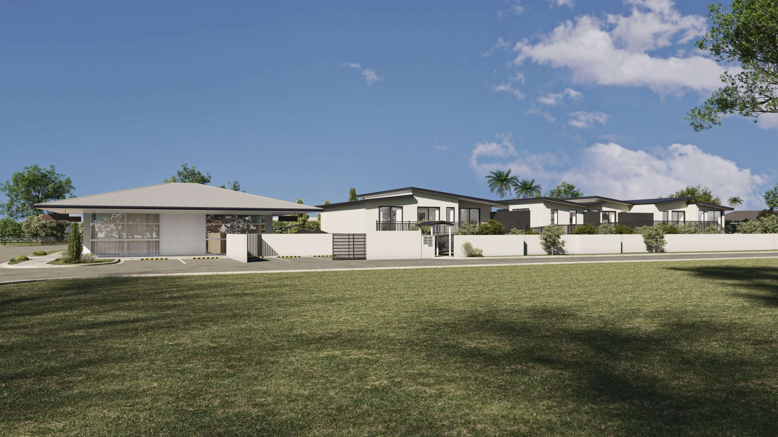 Modern suburban homes with spacious green lawn