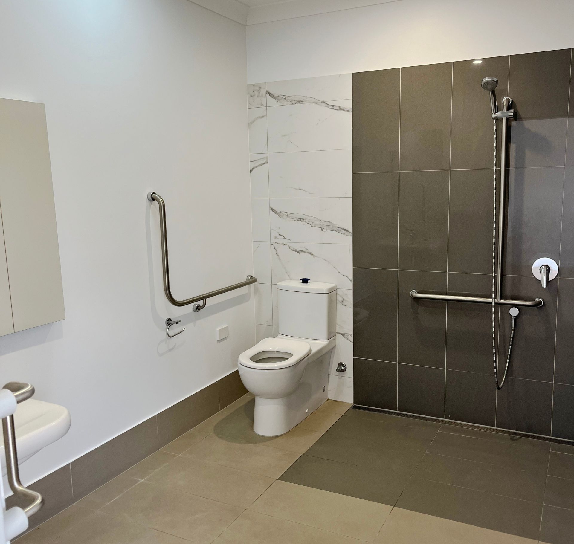 Accessible bathroom with shower and safety rails