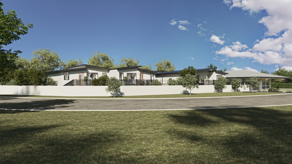 Modern residential houses with green landscaped surroundings